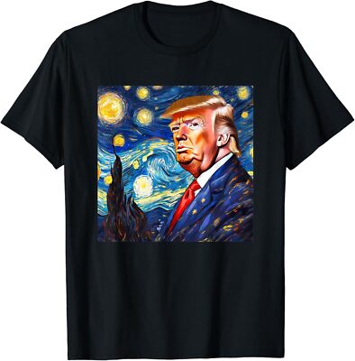 Unique Starry Expression Van Gogh Donald Trump Art T-Shirt Small, Black 