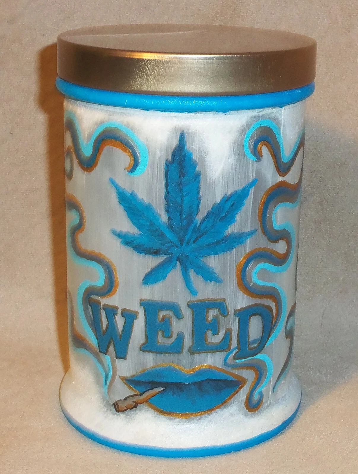 Unique Hand-Painted Glass WEED Jar with Lid 5-3/4" Tall - Rare Novelty THC Gift