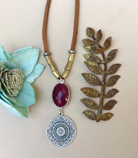 Ruby Sundance Charm Necklace leather cord handmade artisan silver jewelry