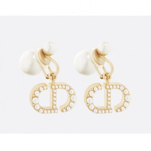 Orecchini pendenti Christian Dior CD placcati oro con clip di perle finte 1827