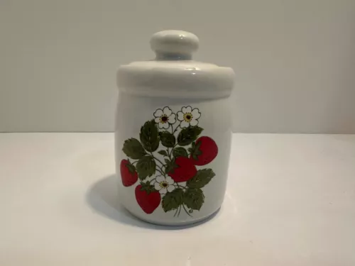 Vintage McCoy Pottery White, Strawberry Design 4” Sugar Canister 