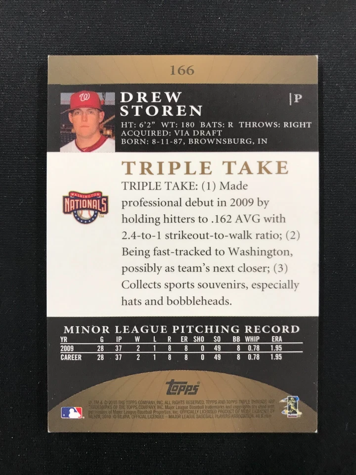 2010 Topps Triple Threads #166 Drew Storen Rookie Auto /75 Washington Nationals - Image 2 of 2