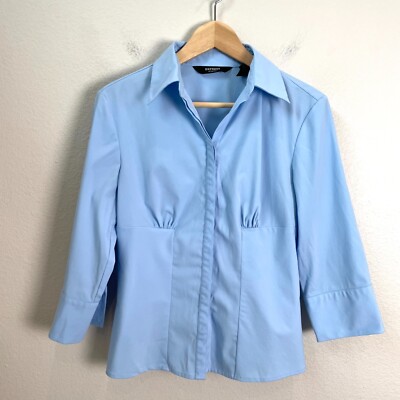 Express Stretch Womens Size 5/6 Blue Button Up Dress Shirt Blouse Top Career