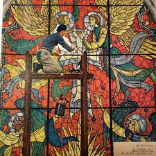 VTG 1960 MCM Stained Glass Angels Prayer Church Religion Norman Rockwell Artwork