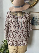 Grade & Gather Cream & Maroon Brown Floral Crinkle Blouse sz S/M Boho 