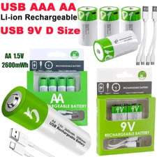 USB AA AAA 9V D Size Lithium ion Li-ion Rechargeable Battery 1.5V W/ Type C Lot