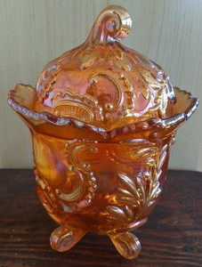 Imperial Carnival Depression Glass Marigold Orange Footed Candy Jar With Lid Ebay