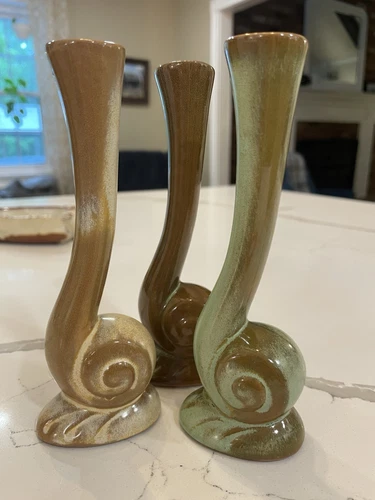 Frankoma Set Of 3 Prairie Green Brown Snail  Bud Vase #31 Vintage 6" MCM Pottery