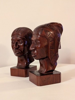 Vintage mid century decor carved Wooden statue busts Inca tribal man and woman