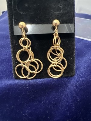 Vintage Trifari Long Gold Tone Circles Dangle Drop Clip On Earrings Go-go Fun