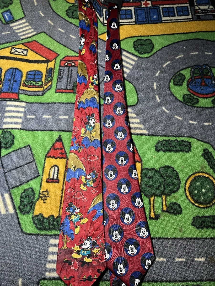 90s Disney Men’s Mickey Mouse Silk Woven Tie Lot 2pc Red Blue Gold Logo