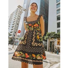 Farm Rio Tropical Fruit Polka Dot Ruffle Mini Dress Black Yellow Green | Size M