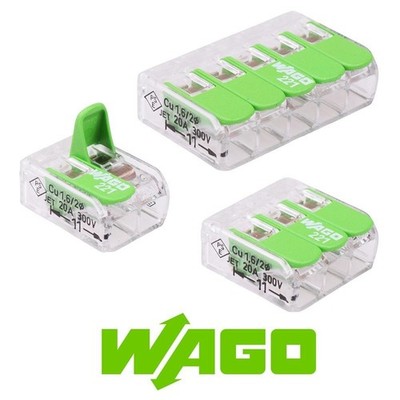 2 3 or 5 Way 221-420 Series WAGO Green Lever Connector Terminal Block 4mm² 32A