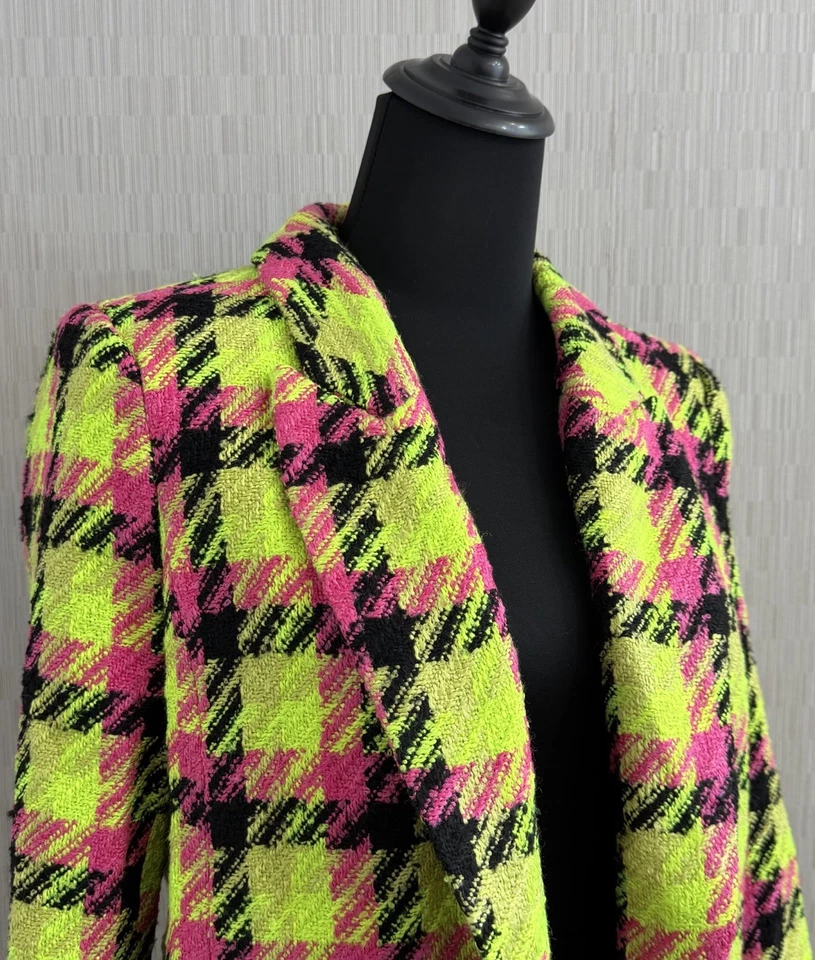 Blazer River Island Neón Rosa Lima Negro Cuadros Boucle Damas Talla Uk 12 EE. UU. 8 Foto 4 de 4
