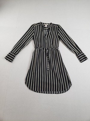 H&M Women Shirt Dress 2 Black White Striped V Neck Drawstring Waist Logo Career