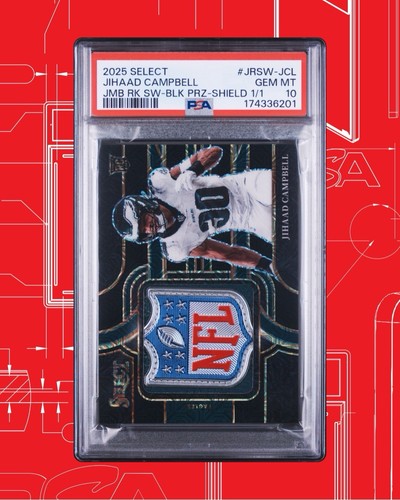 Panini 2025 Select Jihaad Campbell JRSW-JCL Jumbo Swatch Black Prizm 1/1 PSA 10