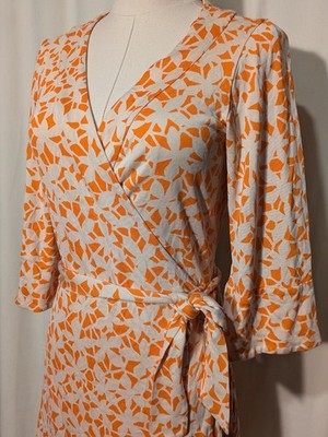 open lace back dress Diane Von Furstenberg Wrap Dress Orange white Tiki Swirl Pattern NWT