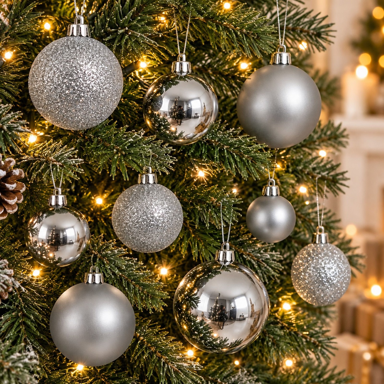 60 Silver Baubles Shatterproof Christmas Tree Hanging Decoration 4cm 5cm 6cm