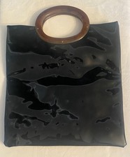 Vintage Lucite Tortoise Handles Black Vinyl Purse Tote Retro Mod Bag 1960s MCM