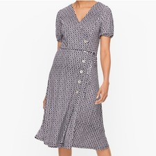 Talbots Jersey Faux Wrap Dress XL Black White Ogee Print