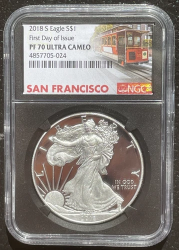 2018-S $1 SILVER AMERICAN EAGLE NGC PF70 First Day of Issue Trolley Car : 06463