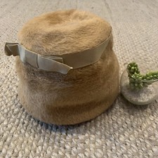 VTG Faux Fur Beige Tan Hat AMY New York Ribbo...