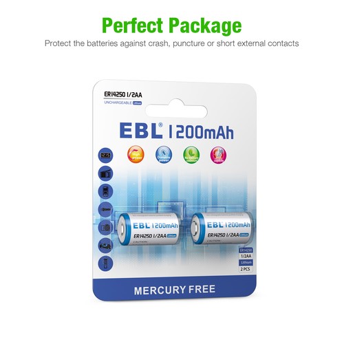2Pcs ER CR 14250 1/2AA 3.7V 1200mAh Lithium Battery Button Top 3.6V 1200mAh - Picture 7 of 8