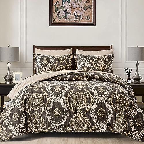 Comforter Set Damask Texture Design 7 Pieces Bed in a Bag Queen Light Brown-image