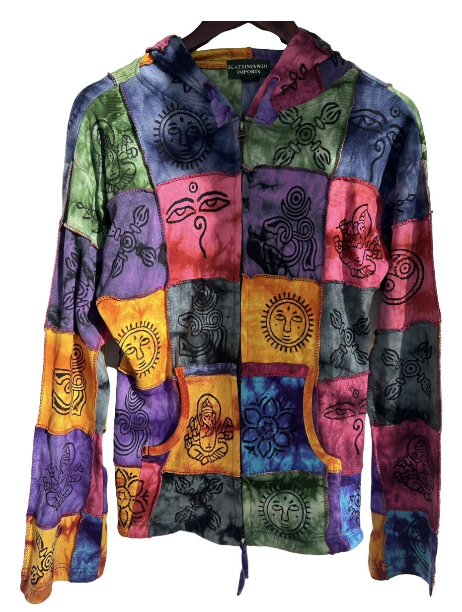 Kathmandu Imports Patchwork Tye Dye Zip Front Cotton Hoodie Sz XL