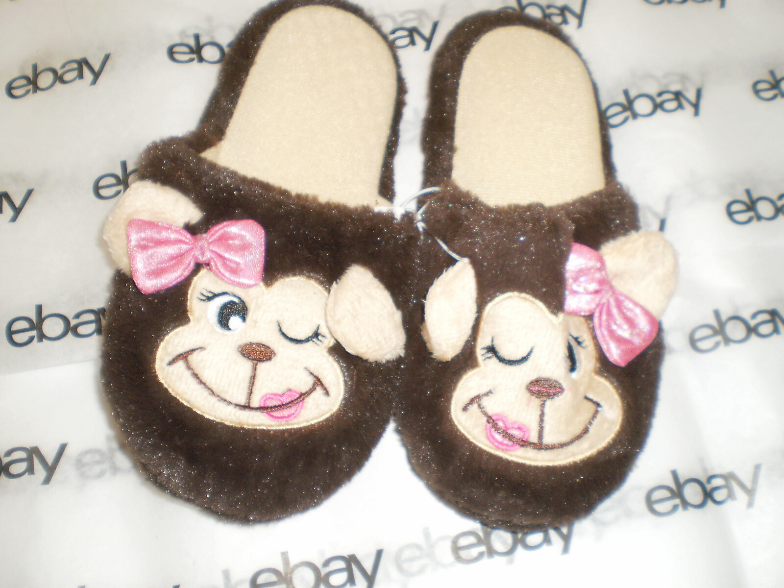 Girls MONKEY Slippers Easy Slip On SOFT House Shoes Brown PINK Size 11-12 NEW-image