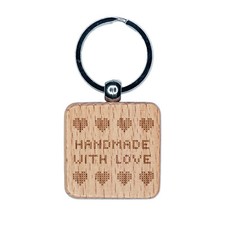 Handmade with Love Cross Stitch Engraved Wood Square Keychain Tag Charm
