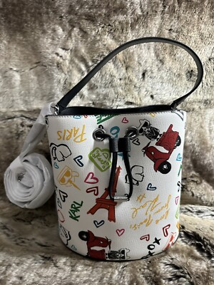 NWT Karl Lagerfeld Paris Adele Grafitti White Bucket Crossbody Bag