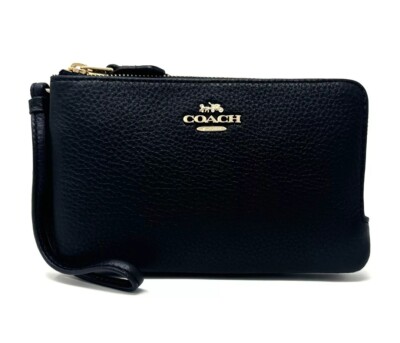 COACH ブラック ハンドバッグ Coach wristlet black leather ORIGINAL DOUBLE ZIPPER | eBay