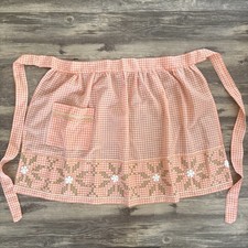 Vtg 50s 60s Peach Orange Gingham Half Apron Tie Cross Stitch Floral Embroidery