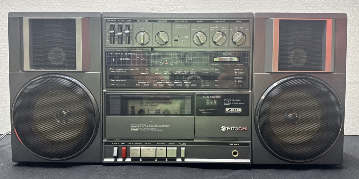 Rare Vintage HITACHI TRK-9100W Cassette Radio EQ Boombox See Video