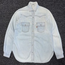 Vintage 70s Levis RARE Light Wash Denim Pearl Snap Orange Tab Western Shirt Sz S