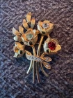 Vintage Signed Eisenberg Ice Rhinestone And Gold Toned Flower Bouquet Brooch