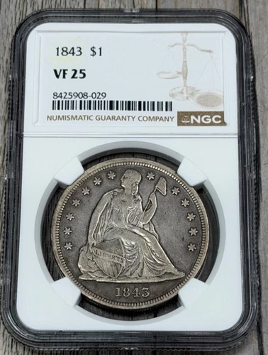 1843 P Seated Liberty Silver Dollar, NGC VF 25, No Motto