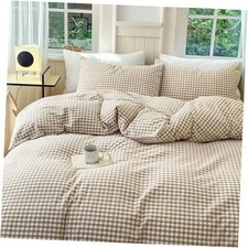 Tan Gingham Grid Duvet Cover Queen 3 Pieces Beige Queen 90"x90" L 1 Tan Grid