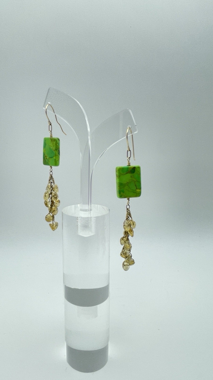 Green Stone Look Rectangle Dangle Earrings Yellow… - image 2