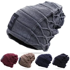 Unisex Warm Winter Hat Fashion Letter Label Knitted Hats Fur Lined Thick Beanie