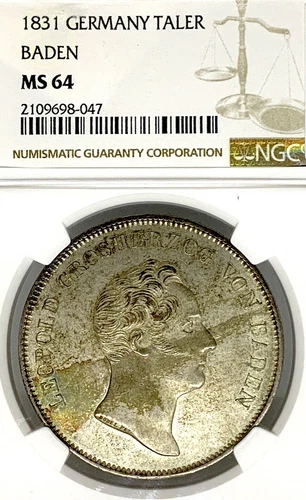 German States Baden-Durlach 1831 Kronentaler Coin Thaler NGC MS 64 F.STG/STG UNC