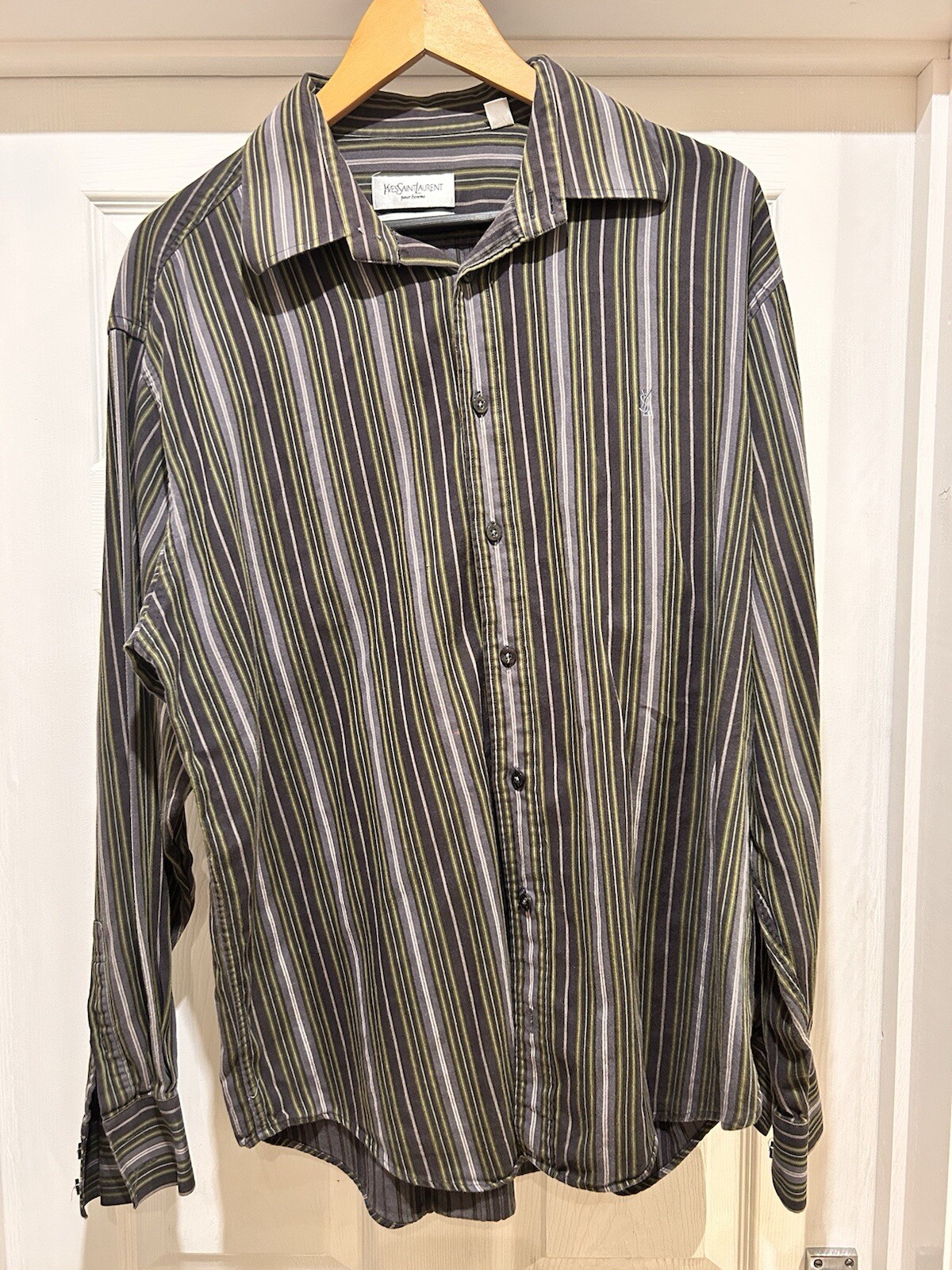 Camicia vintage Yves Saint Laurent uomo XL manica lunga a righe (bg8)