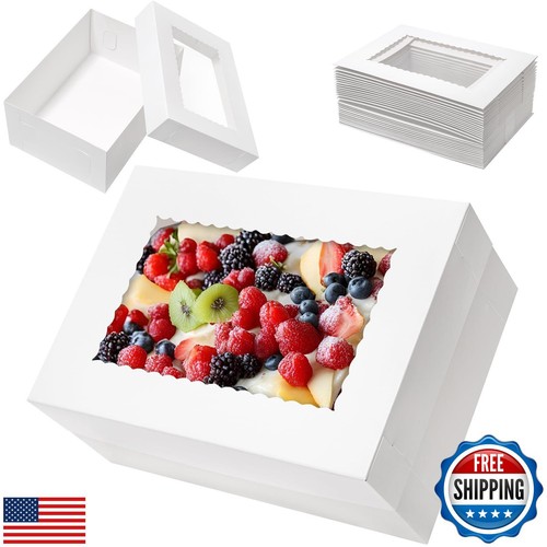 Mefleet 10pcs 14x10x6 Cake Boxes with Window Rectangle Quarter Sheet Bakery B