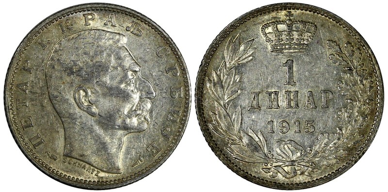 Serbia  Peter I (1903-1918) Silver 1915 1 Dinar Mint aUNC Toned KM# 25.3 (388)