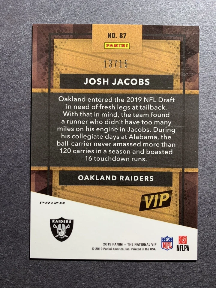 2019 Panini The National VIP Josh Jacobs #87 Blue Prizm Rc /15 Rookie - Image 2 of 2