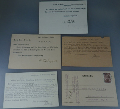 5 Autographen an Dr. Hans August Ried Bezug Knochen-Messbrett 1924-1932 (109012)