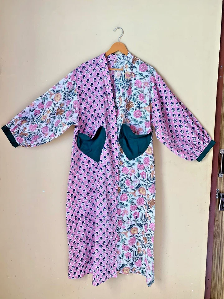 Hermosos estampados de bloques de algodón y kimono de algodón de verano y bolsillo de corazón verde Foto 2 de 4