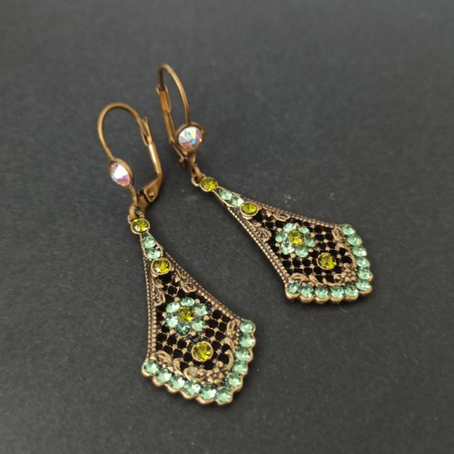 Michal Negrin Earrings Green Crystal Filigree Drop Romantic Victorian Revival - Picture 11 of 16
