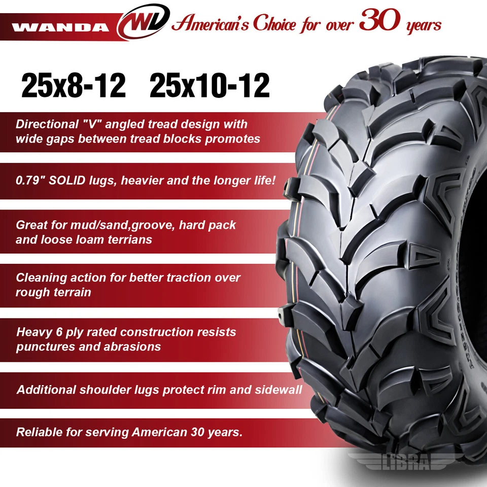 4 WANDA ATV/UTV Tires 25X8-12 25X10-12 for 2002-2006 KAWASAKI PRAIRIE 650/700 - Image 2 of 4